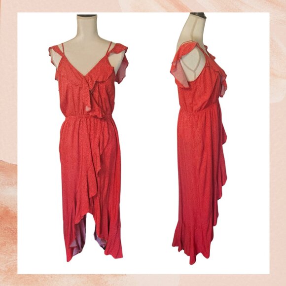 Express Deep Coral Ruffle High-Lo Midi Dress - Picture 1 of 6